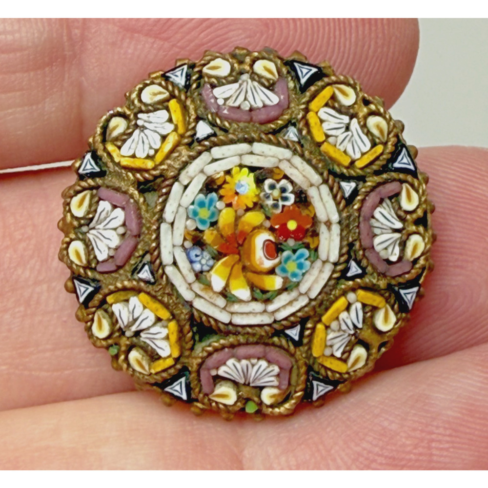 Antique Micro Mosaic Domed Floral Brooch Pin Made in Italy Purple Yellow C Clasp